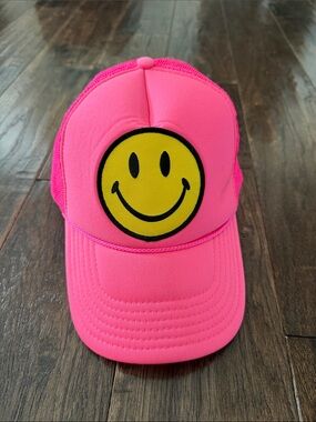 Aviator Nation Hot Pink Trucker Hat with Yellow Smiley Patch